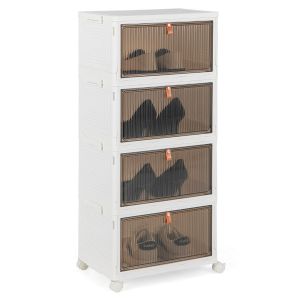 Rangement à chaussures pliable à 4 niveaux Coast avec portes magnétiques transparentes et roues - blanc/marron - 40 x 37,5 x 83,5 cm