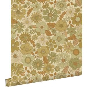 Papier peint fleurs rétro vert grisé - ESTAhome