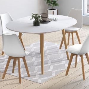 Idmarket Ensemble table &agrave; manger extensible ronde ANGELA blanc pied bois 110 - 150 cm et 4 chaises SARA blanches