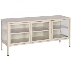 Meuble TV industriel m&eacute;tal et verre tremp&eacute; 3 portes 120cm beige - Arkansas