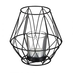 Relaxdays Bougeoir, Design géométrique, Porte Bougies avec Verre à Votive, métal, photophore, HxD 14x14 cm, Noir