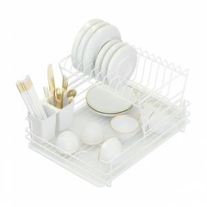 Image de Egouttoir de cuisine modulable double niveau avec plateau - Grande contenance - Métal épais blanc