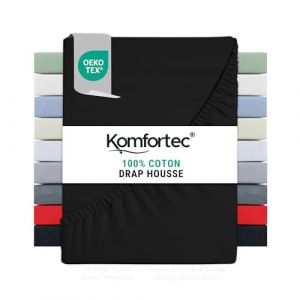 Komfortec Drap Housse Lit 160x200 cm - Jersey 100% Coton 135g/m&sup2; - Certifi&eacute; Oeko-Tex - Bonnet 30 cm - Drap Lit avec &Eacute;lastique pour Matelas &Eacute;pais - Noir