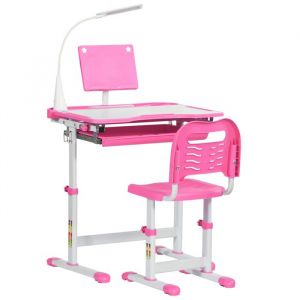 Homcom Ensemble chaise et bureau pour enfants - lampe LED, hauteur r&eacute;glable, plateau inclin&eacute;, support de lecture - rose