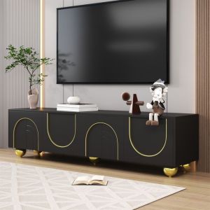 Meuble TV 170 x 38 x 44 cm - Avec 4 portes - Pieds ronds dor&eacute;s - Panneaux de particules - Noir + dor&eacute;