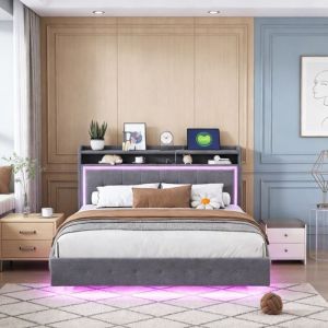 Image de NEXU Structure de Lit Double, 160 x 200 cm, Lit Flottant, Lit avec &Eacute;clairage LED, T&ecirc;te de Lit, Multiprise, Gris