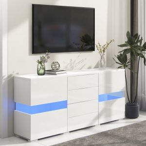 Buffet 160x40x75 cm avec LED tactile, 3 tiroirs et 3 portes, 14 compartiments, panneaux particules blanc