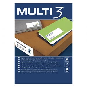 MULTI 3 10527 Lot de 500 feuilles d'&eacute;tiquettes adh&eacute;sives pour impression, jet laser et photocopieuses 105 x 42,4 mm