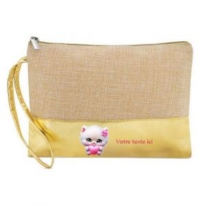 Trousse de maquillage Taperso en jute dore personnalisable motif chat et cœur