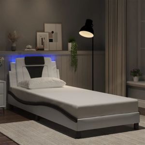 VidaXL Cadre de Lit avec Lumières LED, Lit Rembourré avec Coussin, Lit Simple, Lit Adulte Chambre, Moderne, Blanc Noir 90x190 cm Similicuir