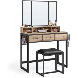 Ensemble de coiffeuse table de toilette avec tabouret 40 x 90 x 141 cm rembourr&eacute; avec miroir triple 3 tiroirs porte-s&egrave;che-cheveux pot style