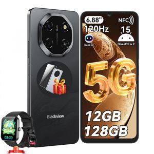 Blackview SHARK6 5G Smartphone 12Go+128Go/2To 6.67" 50MP+13MP 5000mAh Android15 T&eacute;l&eacute;phone-Noir avec R50 montre intelligente