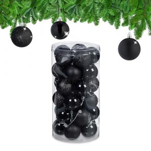 Relaxdays Boules de Noël, Lot de 30, en Plastique, D : 6 cm, Paillettes, Mates, Brillantes, déco Sapin, Noires