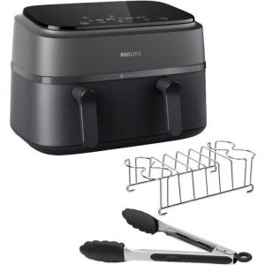 Philips Dual Basket Airfryer série 3000, 9 litres, 2 tiroirs, Kit petit-déjeuner, Technologie Rapid Air, 99% de matières grasses en moins, Economies d'énergie, Application HomeID (NA350/03)