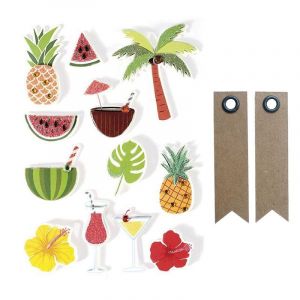 Graines Cr&eacute;atives 12 stickers 3D Tropical 5,5 cm + 20 &eacute;tiquettes kraft Fanion