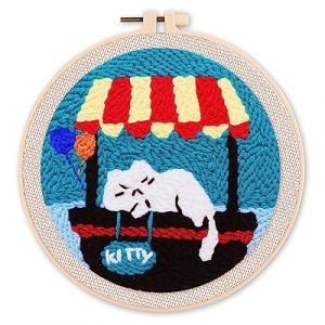 Figured'Art Punch Needle Kit Complet pour Adultes et Enfants - Chat Endormi - Parfait pour Débutant. Set prêt à broder taille 20x20cm avec cadre circulaire