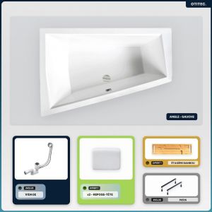 Baignoire asymétrique - 170 x 125 cm - Gauche - sans Habillage - avec Pieds - 2 Repose-têtes - Étagère bambou - Vidage Chrome - INTIMA DUO