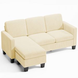 Canap&eacute; d'angle en L Bealife 3 Places avec M&eacute;ridienne Rev&ecirc;tement en Velours C&ocirc;tel&eacute; pour salon 188 x 136,5 x 89 cm Jaune Clair