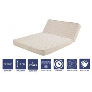 Image de Matelas Ferme Pour tous BZ 140x190 x 15 cm avec Latex Naturel sur Face Hiver Découpe ise 60 cm 5 zones de Confort Face été