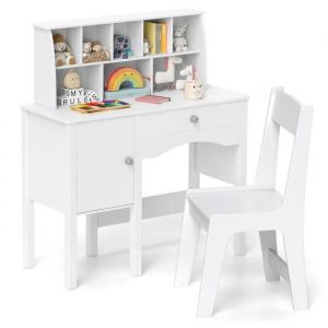 Costway Ensemble Bureau Et Chaise Pour Enfants 3 Ans+ Avec Étagère Et Cabinet Tiroir, Blanc