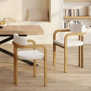 Idmarket Lot de 2 chaises de salle &agrave; manger, fauteuils de table ESMA en m&eacute;tal effet bois et tissu bouclette avec accoudoirs