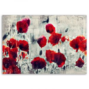 Cadre imprimé sur toile avec image abstraite de coquelicots rouges dans un pré noir et blanc fabriqué en MDF et toile Feeby