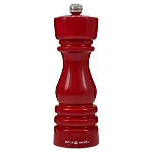Cole & Mason H233099 London Moulin à sel rouge brillant avec mécanisme en céramique non corrosif avec mouture réglable en bois de hêtre 180 mm