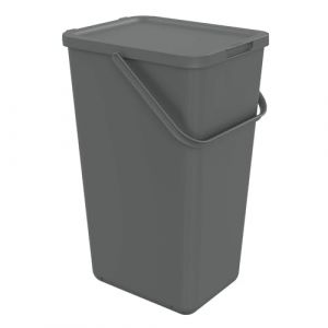 Sundis Loops, poubelle de tri sélectif d’intérieur 32L, rectangulaire, en plastique recyclé gris, avec couvercle, poignée, anse et stickers, pour cuisine, cantine, restaurant, salle de pause