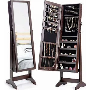 Image de COSTWAY Armoire &agrave; Bijoux sur Pied avec Miroir Psych&eacute; Inclinable &agrave; 4 Angles, Rangement et Pr&eacute;sentoir pour Bijoux Marron
