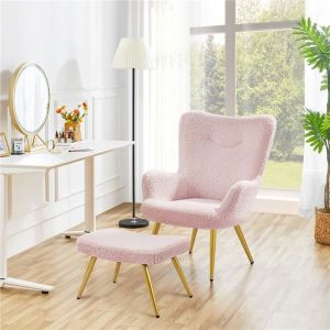 Yaheetech Fauteuil Scandinave &agrave; Oreilles avec Repose Pieds Fauteuil de Salon en Tissu Bouclette Dossier Ergonomique Chaise de Salon Design El&eacute;gant 67,5 cm &times; 70 cm &times; 97,5 cm Rose/1