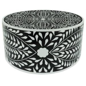 Menzzo Table basse ronde style arty Ø66cm Viliana Motif floral noir et blanc - Noir / Blanc