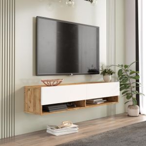 Meuble TV mural, 2 portes basculantes Pino Bois clair et Blanc