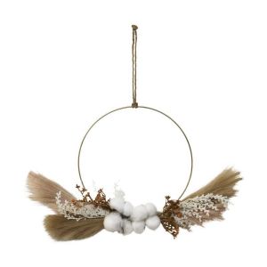 Image de Ligne Deco Couronne en m&eacute;tal de plumeaux, feuillages et de boules de coton Diam 30cm