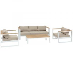 Hesperide Salon de jardin Emperia 5 places blanc & acacia en acier trait&eacute; en epoxy - Beige z&eacute;brano / blanc / acacia