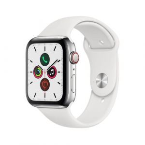 Apple Watch Watch Series 5 GPS + Cellular 44mm, Boitier Acier Inoxydable avec Bracelet Sport Blanc - S/M & M/L