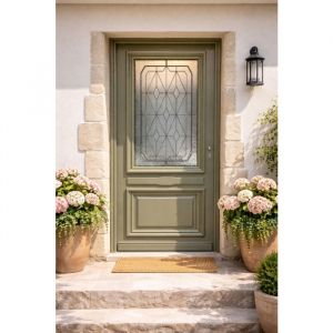 Porte d'entree Bois vitree, Canelle Vert RAL 7002, H,215xl,90 p,gauche Cotes Tableau