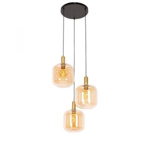 Qazqa Suspension design noire avec laiton et verre ambré 3 lumières - Zuzanna