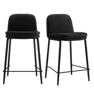 NOLAN - Chaise de bar tissu chenill&eacute; Noir et m&eacute;tal noir mat (x2)