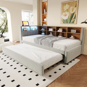 Canapé-lit 90x200 cm - Avec lit gigogne 90x190 cm - Avec LED - Prise de courant - Gris clair (matelas non inclus)