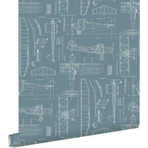 Estahome - papier peint dessins de construction d'avions vintage bleu foncé