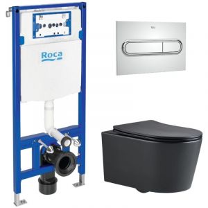 Image de Roca Pack WC B&acirc;ti support Duplo One + Cuvette sans bride SAT Noir + plaque de d&eacute;clenchement, Chrome BlackSAT-2)