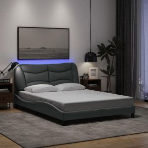VidaXL Cadre de Lit avec Lumières LED, Lit Double avec Coussin de Tête de Lit, Lit Adulte, Meuble de Chambre, Moderne, Gris Clair 140x190 cm Tissu