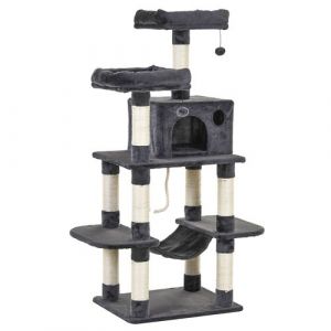 Pawhut Arbre à Chats Multi-équipements griffoirs grattoirs Plateformes Niche hamac paniers Corde Jouets Suspendus dim. 60L x 48l x 144H cm Gris foncé