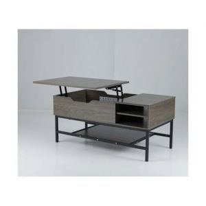 Table Basse Salon &agrave; Plateau Relevable COSTWAY, Compartiment Cach&eacute;, Table Basse en Bois de Salon avec &Eacute;tag&egrave;re de Rangement, Gris