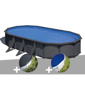 Gre Kit piscine acier gris anthracite Louko ovale 7,44 x 3,99 x 1,22 m + Bâche d'hivernage + Bâche à bulles
