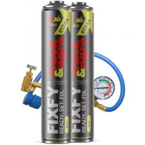 FIXFY TRUCK & AGRO 2x1000ml - Le plus grand bidon du marché pour recharger la climatisation R134a + tuyau avec manomètre - Camions et machines