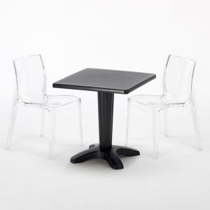 Grand Soleil Table et 2 chaises colorées polycarbonate extérieurs CAFFÈ | Femme Fatale Trasparente - Noir