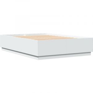 VidaXL Cadre de Lit avec Lumières LED, Lit Double avec Sommier à Lattes, Lit Adulte de Chambre, Moderne, Blanc 160x200 cm Bois Ingénierie