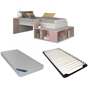 Image de Lit combin&eacute; 90 x 200 cm avec rangements et bureau - Coloris : Naturel et rose + Sommier + Matelas - RIGALI