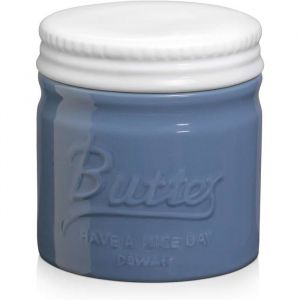 DOWAN Pot à beurre en porcelaine, beurrier français avec couvercle, récipient à beurre en relief pour beurre mou, grande capacité et ligne d'eau humanisée, bleu aéré